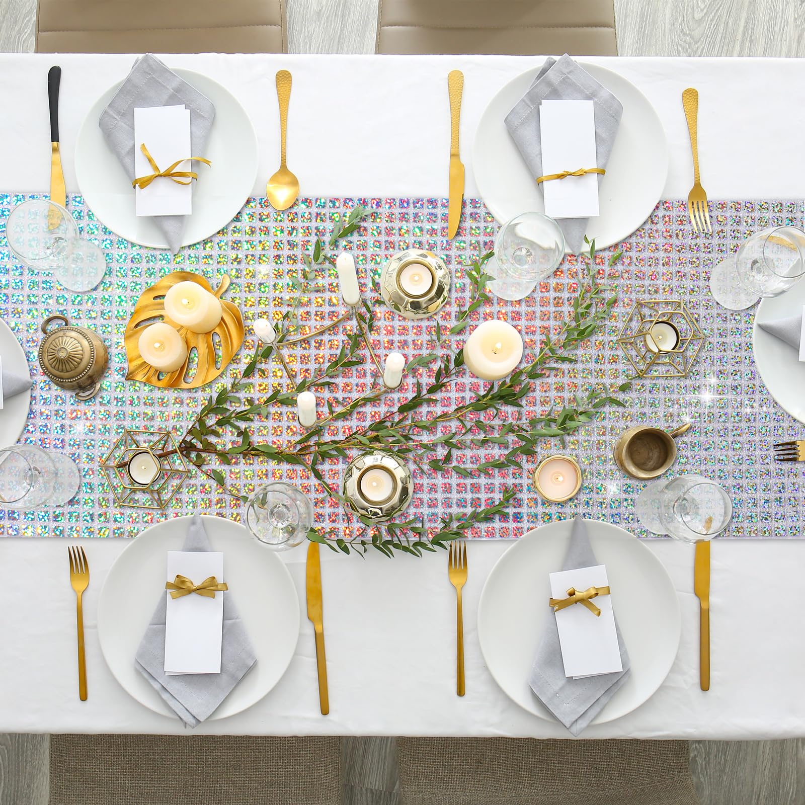 Durony 2 Pack Disco Table Runner 11 x 108 Inch Mirror Silver Laser Glitter Foil Cover With Sparkle Sequin for Bachelorette, 70s, Cowgirl Party Decorations