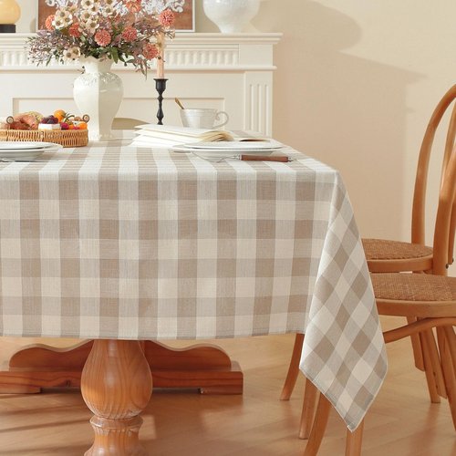 gillhov Checkered Tablecloth Rectangle Washable Buffalo Plaid Table Cloth Cotton Linen Gingham Table Cover for Picnic Kitchen Dining Room, Beige and White, 55 * 70