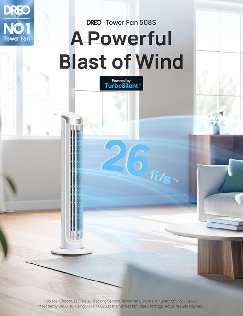 DREO Smart Tower Fan - Quiet 90° Oscillating Indoor Fan with Remote & Voice Control | 12H Timer, 26ft/s Velocity