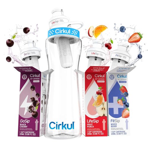 Cirkul 22oz BPA-Free Water Bottle Starter Kit - Blue Lid & 3 Flavor Cartridges | Zero Calories