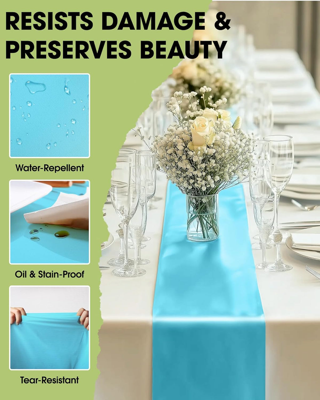Pureegg Disposable Table Set - 10 Pack Leakproof White & Blue Tablecloths & Runners | 54''x108'' & 14''x108'' for Events
