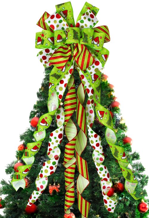 Wninbu Christmas Tree Topper Bow Wreath, 44 x 13 Inches Large Green Bow Tree Topper,Christmas Wreath for Tree Indoor/Outdoor Christmas Decoration