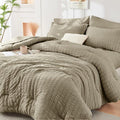 HYMOKEGE Linen Full Size Comforter Set - Luxurious 7-Piece All-Season Bedding in Seersucker Design