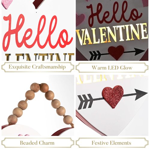 Valery Madelyn Valentines Day Decorations, Wooden Heart Decor with LED Light, Valentine Wreath for Front Door, Romantic Heart Decorations for Home Proposal Wedding Anniversary, 11 inch