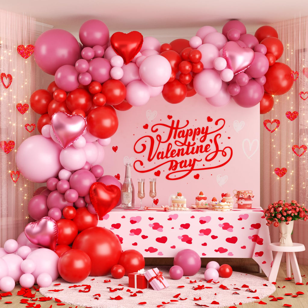 Valentines Day Balloon Arch Kit, Valentine Pink Red Heart Balloons with Rose Petals for Bachelorette Bridal Wedding Memorial Engagement Birthday Galentines Romantic Valentines Party Decorations