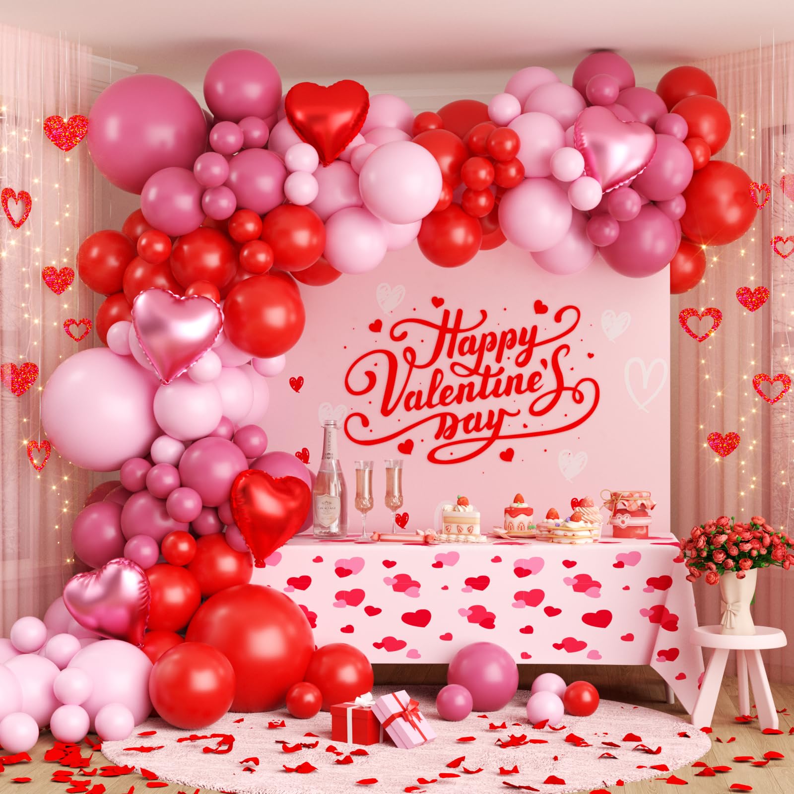 Valentines Day Balloon Arch Kit, Valentine Pink Red Heart Balloons with Rose Petals for Bachelorette Bridal Wedding Memorial Engagement Birthday Galentines Romantic Valentines Party Decorations