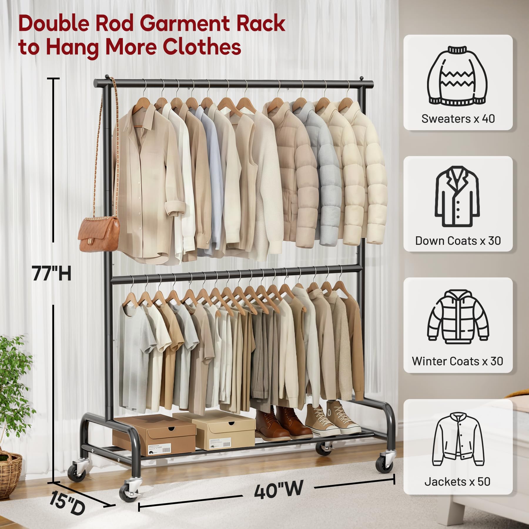 SLEEPING LAMB Heavy Duty Clothes Rack with Wheels, Metal Rolling Garment Rack for Hanging Coats, Shirts (Black)