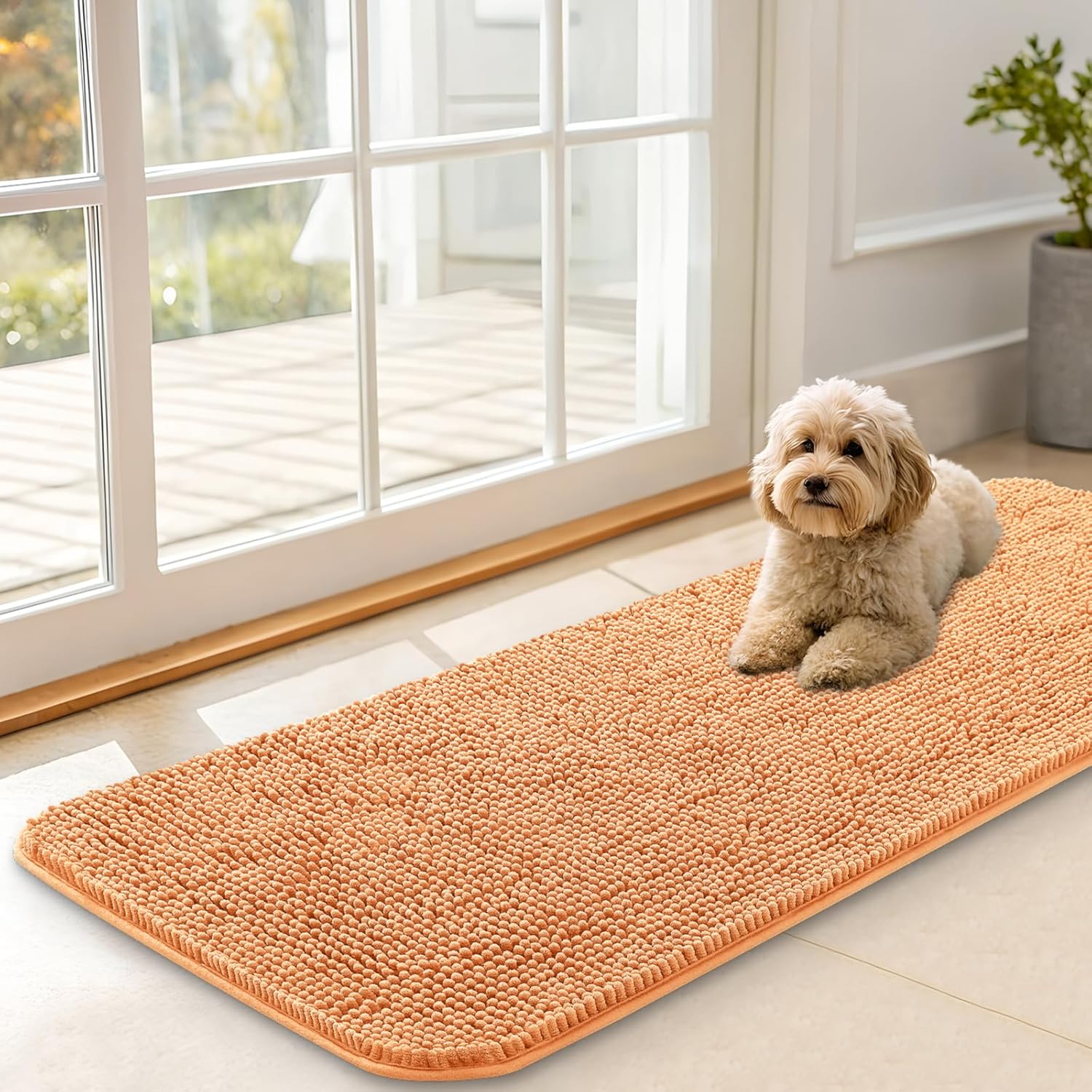 OLANLY Dog Door Mat - Absorbent Non-Slip Chenille Mat for Muddy Paws | 47x17 Inches, Quick Dry, Orange