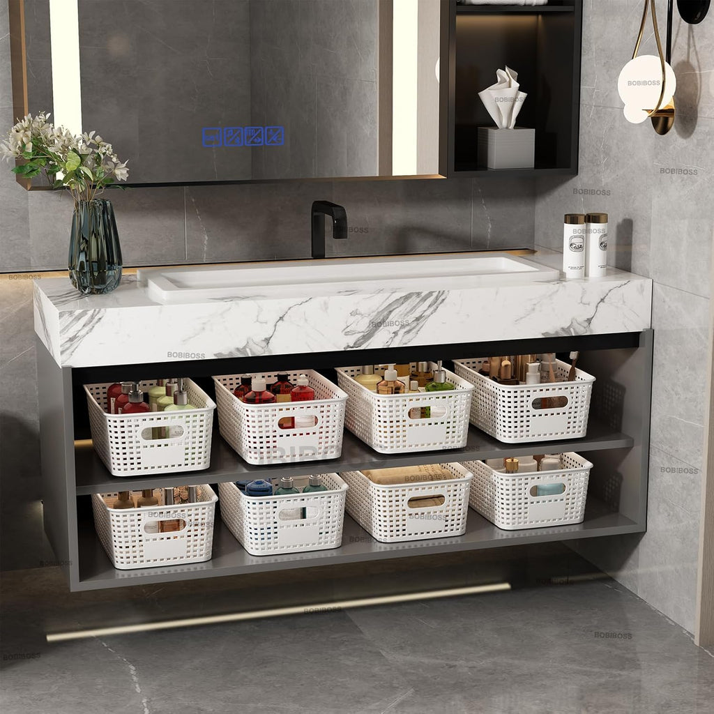 White Plastic Storage Baskets - 12 Pack Stackable Bins with Lids for Organizing | Cute Decorative Storage