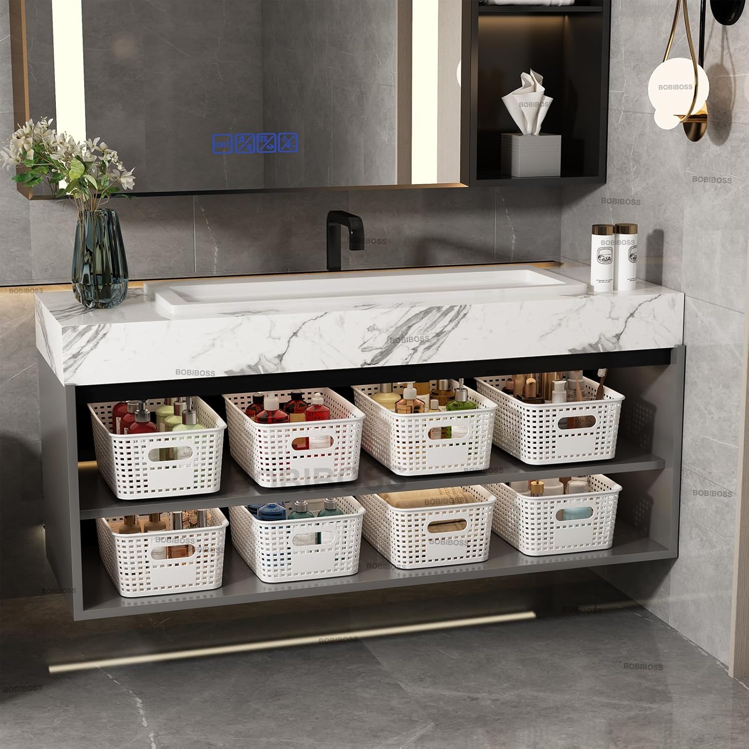 White Plastic Storage Baskets - 12 Pack Stackable Bins with Lids for Organizing | Cute Decorative Storage
