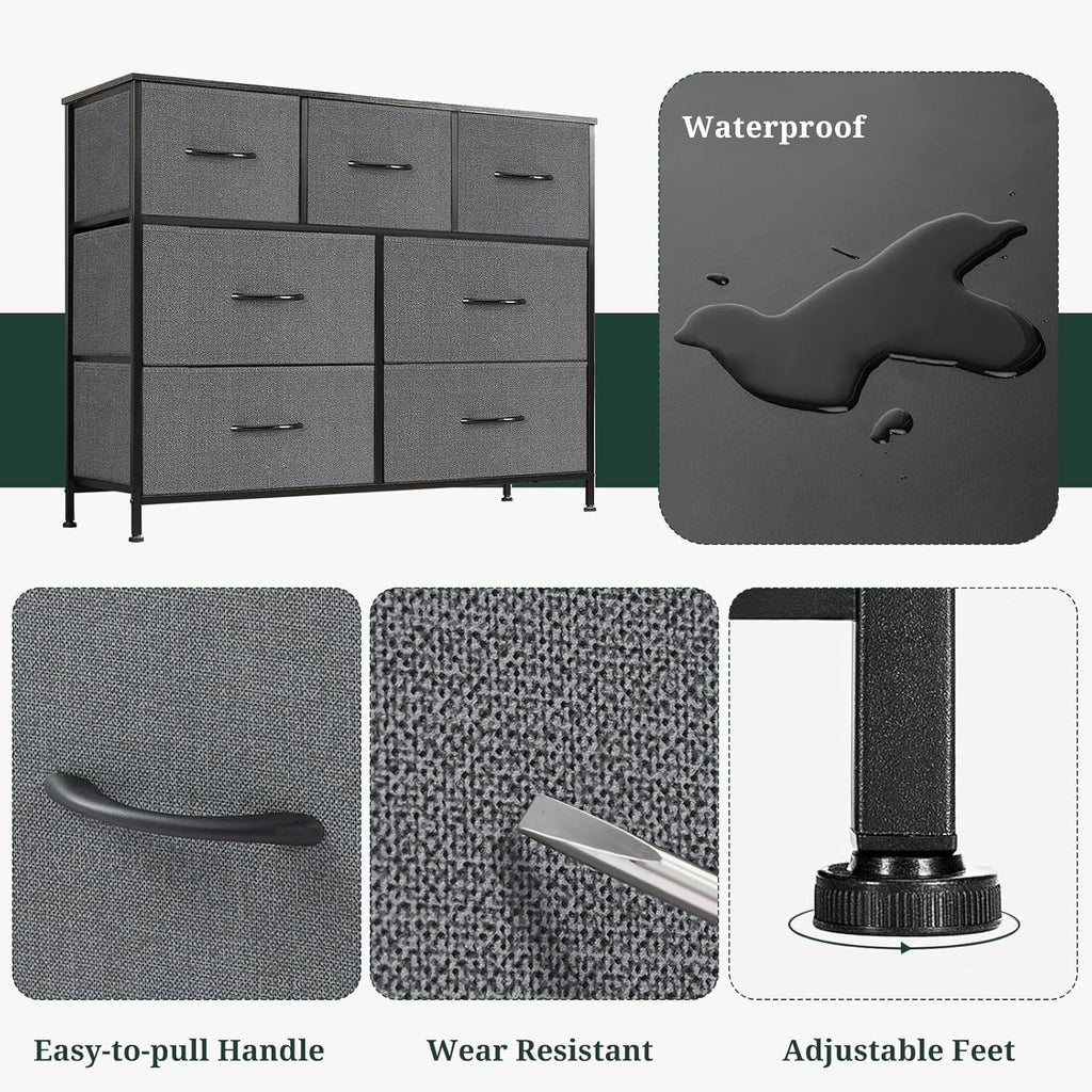 Skiennix 7-Drawer Dresser - Anti-Tip Wide Storage Organizer with Wooden Top | Gray Fabric Chest for Bedroom, Living Room, Hallway