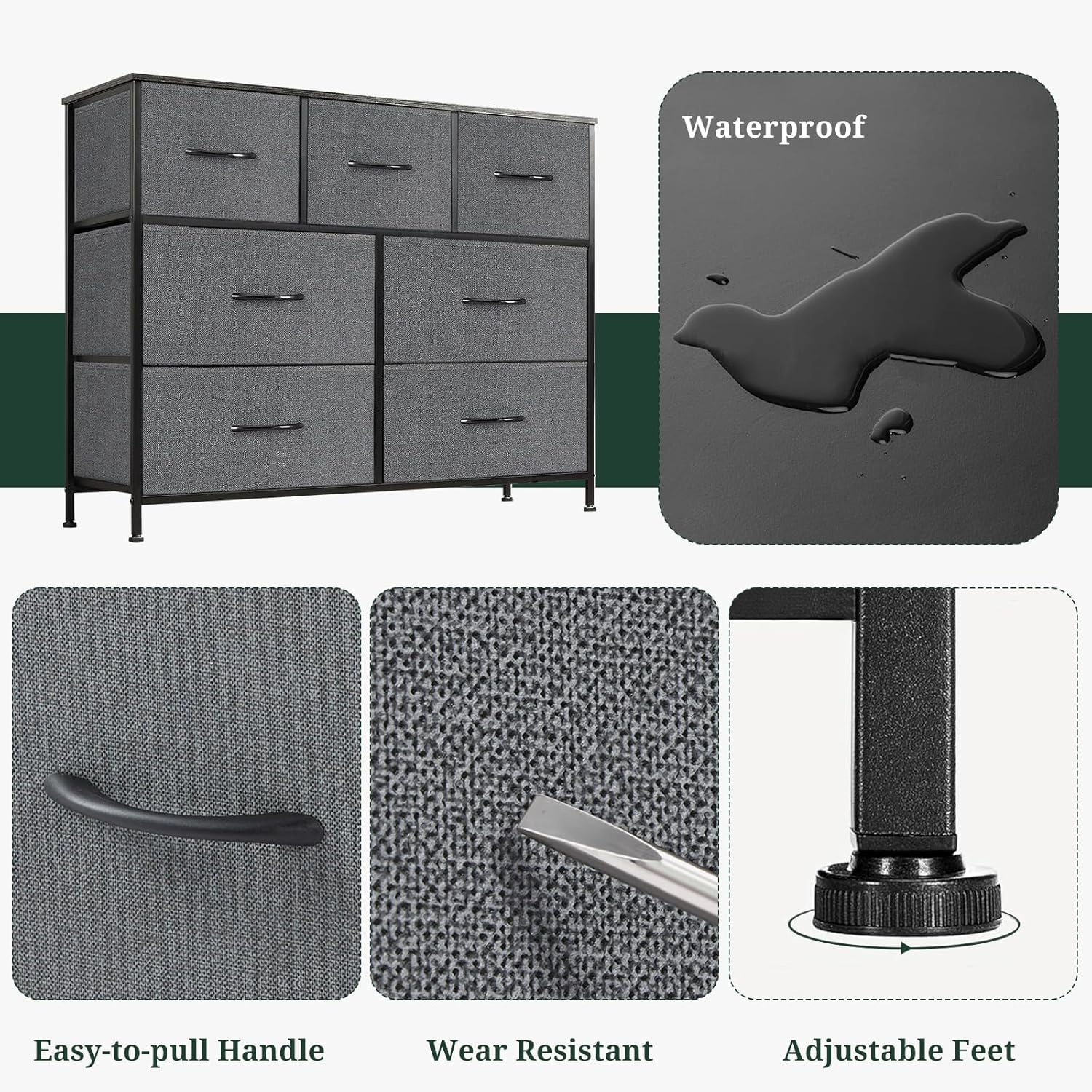 Skiennix 7-Drawer Dresser - Anti-Tip Wide Storage Organizer with Wooden Top | Gray Fabric Chest for Bedroom, Living Room, Hallway