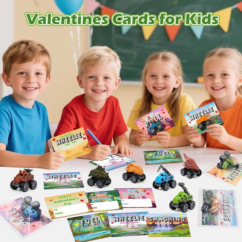 SANANT Valentines Day Cards for Kids School - 24 Pack Pull Back Monster Dinosaur Truck Toys with Cards, Valentines Day Gifts for Kids, Valentines Classroom Exchange Prizes, School Party Favor Toys