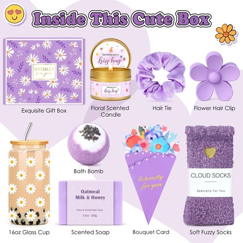 Gift Baskets for Women Unique Birthday Gifts for Women self care cheer up gifts set pick me up gift box for Woman teen girls best friend Sister Ladies Friendship Her - Inspirational Purple Present