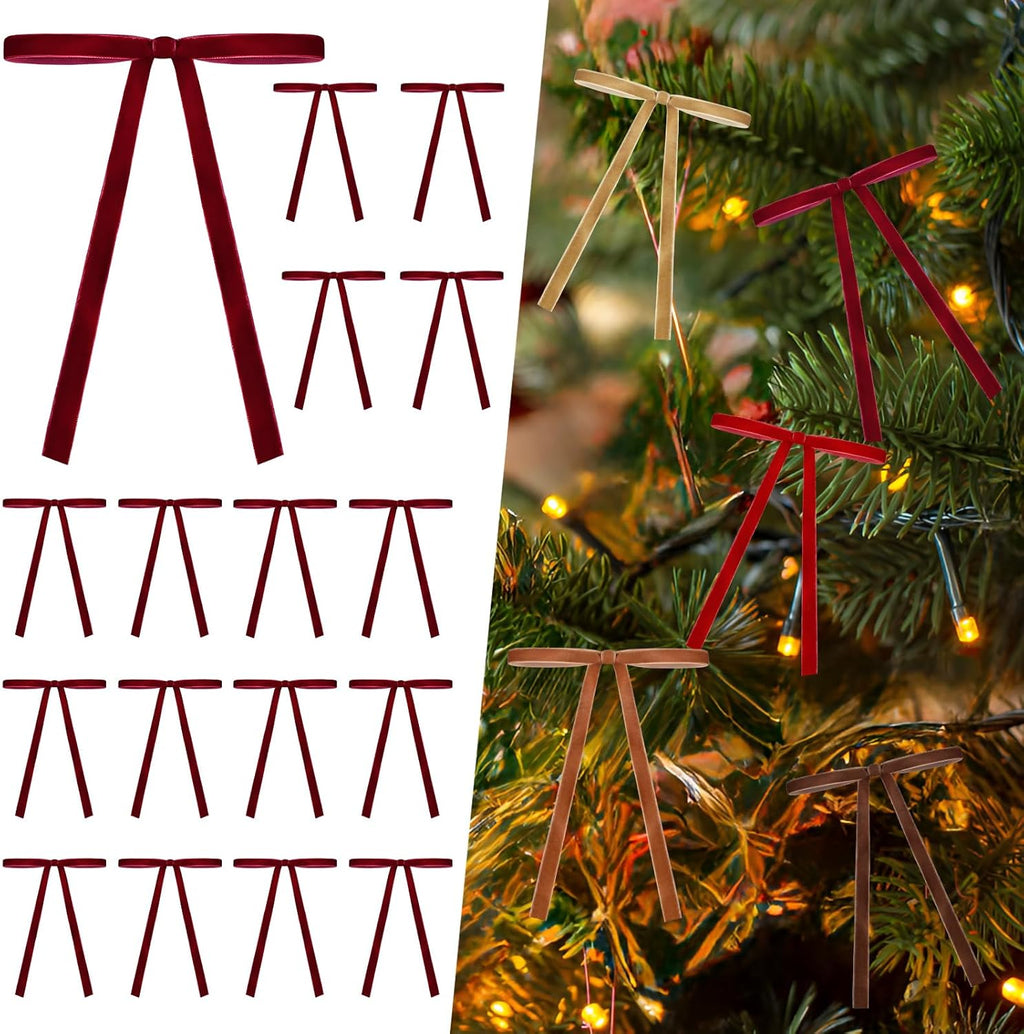 Regine Switzerland Burgundy Velvet Ribbon Bows - 24 PCS Tree Topper Ornaments | 5x7 Inch for Christmas Decor
