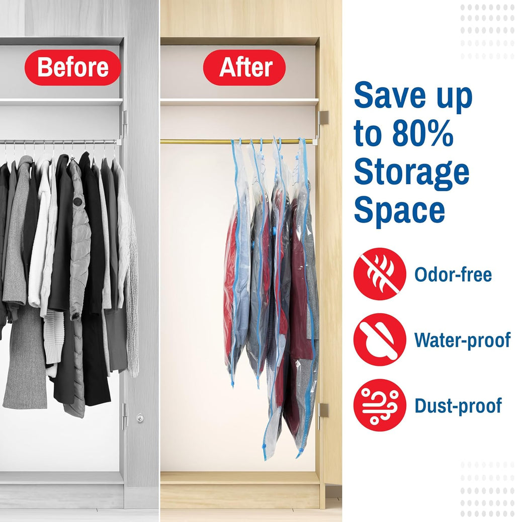 Skiennix Vacuum Storage Bags - 4 Pack Compression Bags for Clothes, Jackets & Suits | Space Saver with Hand Pump (2S & 2L)