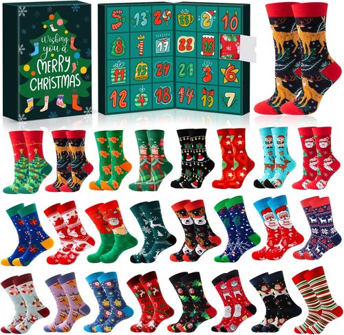 MOVINPE Christmas Socks Advent Calendar - 24 Pairs of Funny Crew Socks for Adults | Warm Cotton Countdown to 2025