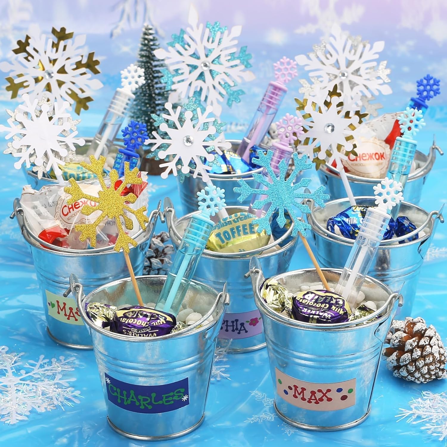 Skiennix 32 Pcs Snowflake Bubble Wands - Colorful Mini Party Favors for Kids | Winter-Themed Fun