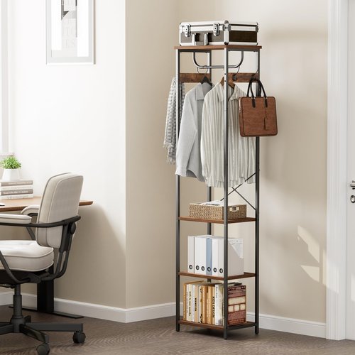 Cerlyunzan Coat Rack With Hanging Rod, Garment Rack With 3 Wooden Shelves and 4 Hooks, Freestanding Hall Tree, Industrial Clothes Rack Stand Organizer, Rustic Brown and Black