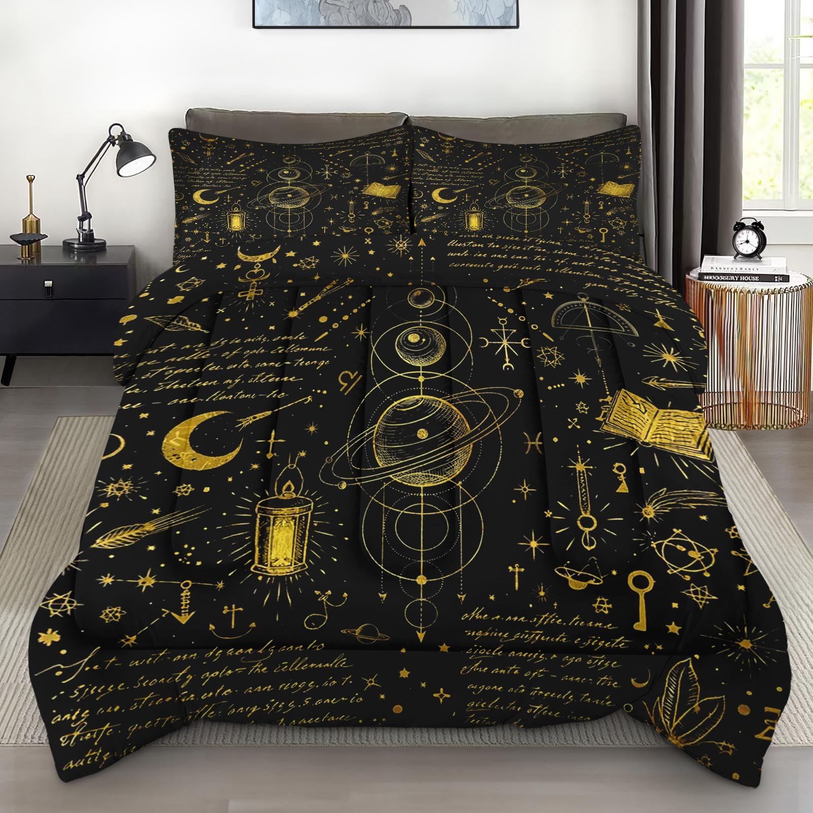 Pamnest Comforter Set Queen Size, Boho Tarot Space Soft 3 Pcs Magic Black Bedding for Kids and Adults, Spooky Sun Moon Pentagram Comforter Set with Pillowcase, for Bedroom Bed Decor