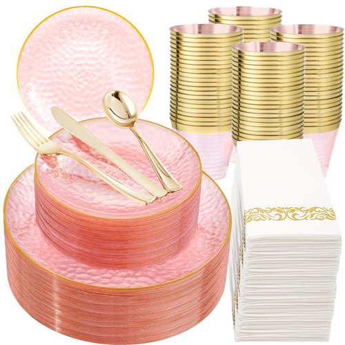DaYammi 350 Pcs Clear Pink Plastic Plates, Hammered Disposable Dinnerware, Pink Plates Set Include 100 Plastic Platos, 150 Gold Disposable Silverware, 50 Cups And 50 Napkins for Mother's Day Party