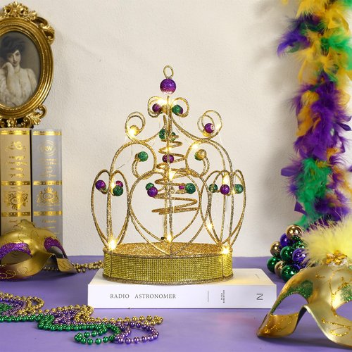JolliLudo Mardi Gras Light up Jeweled Crown Tree Topper, 10.6" Mardi Gras Tree Glittered Ornament with Beads Battery Powered Warm Light, Metal Xmas Carnivals Spring Decorations for Holiday Decor