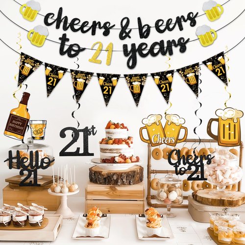 Black Gold 21st Birthday Decorations for Him Men, Glitter Pre-Strung Cheers to 21 Years Banner Hello 21 Hanging Swirls Paper Triangle Flag Banner Decorations Bday Party Supplies Kit