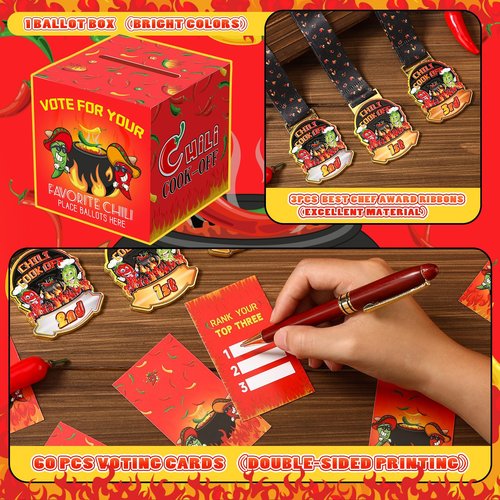 Sinload 64 Pieces Chili Cook Off Contest Ballot Box with 60 Voting Cards and 3 Trophy Award Sashes for Chili Off Award Party Supplies Decorations Cook Chef Contest Prizes (Red)