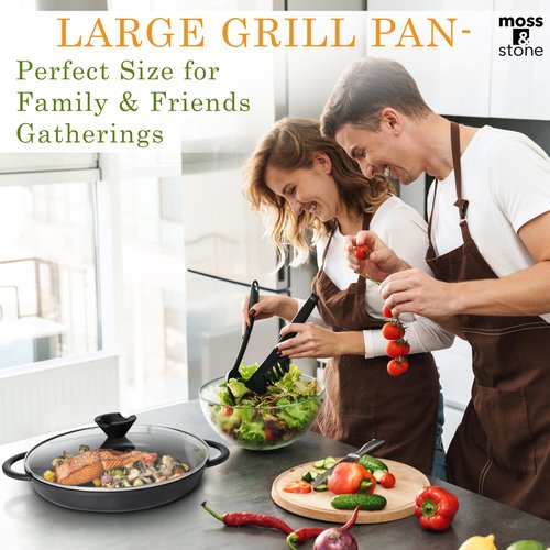 Moss & Stone 12” Nonstick Grill Pan for Indoor Cooking, Cast Aluminum Griddle Pan for Stove Top & Induction, Dishwasher & Oven Safe, Grill Pan with Lid, Silicone Handles, PFOA Free