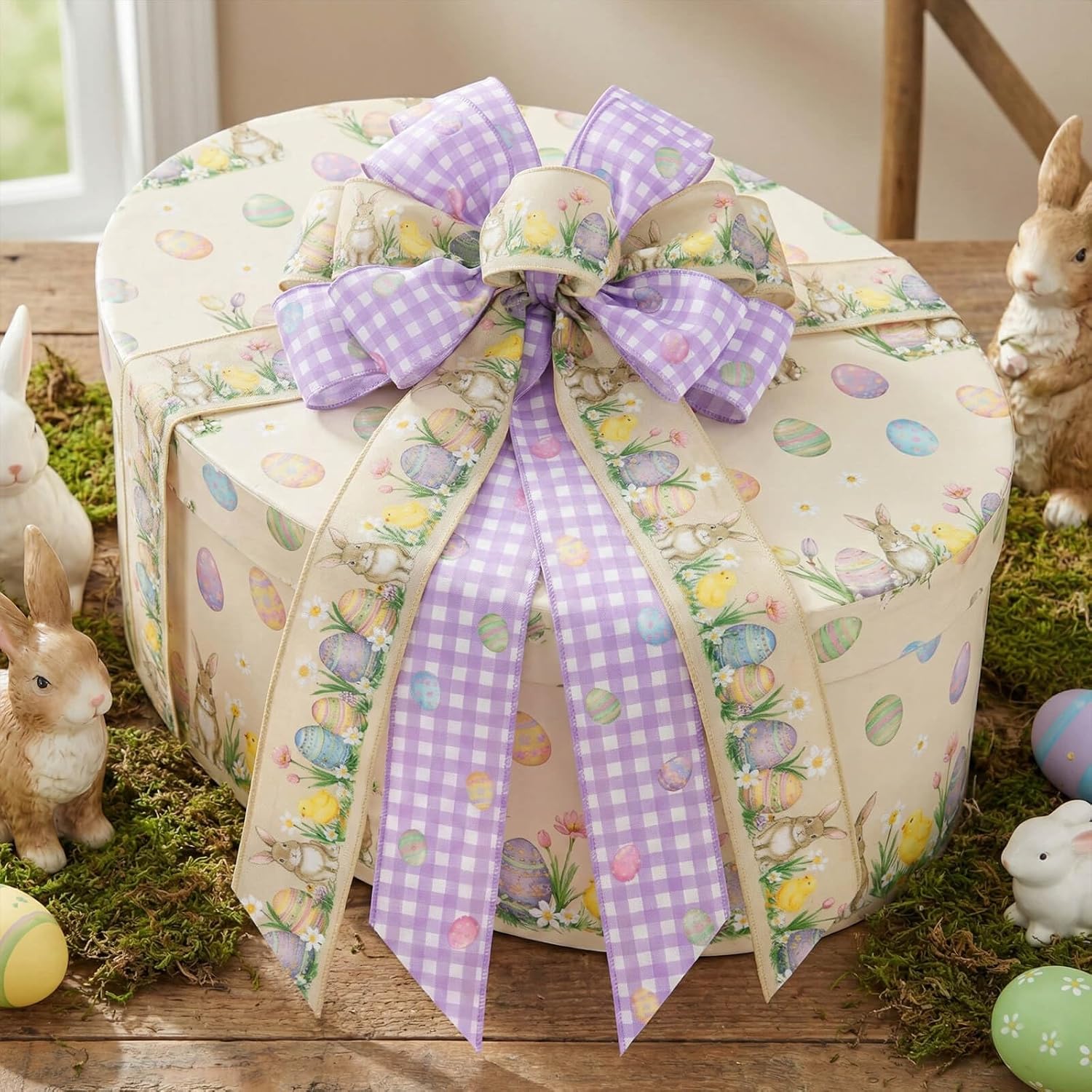 Purple Gingham Easter Bunny Wreath Bow - 21 Inch Wired Ribbon for Front Door & Spring Decor