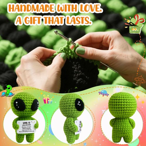 Happy 13th Birthday Milestone Keepsake – Handmade Crochet Alien Plush Doll with Funny Official Teenager Positive Affirmation Message Card – 13 Years Old Gift for Son, Daughter, Friend, or Grandchild