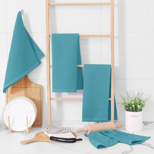 Homaxy 100% Cotton Waffle Weave Dish Towels - Ultra Soft & Absorbent | 13 x 28 Inches, 4-Pack, Lake Blue