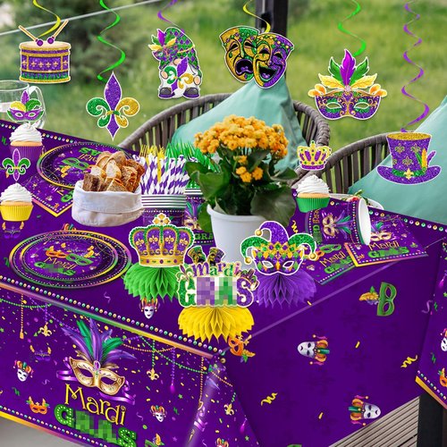 Masquerade Party Decorations-172Pcs Mask Themed Plates and Napkins Green Gold Purple Tableware Set Masquerade Party Supplies