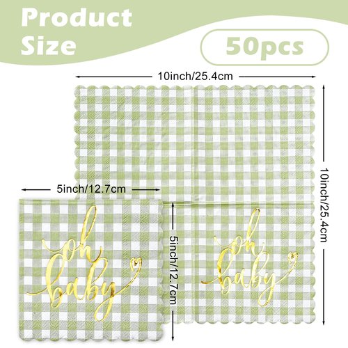 RUSPEPA 50 Pcs Baby Shower Grid Napkin Paper, 3 Ply Disposable Green with Gold Foil "Oh Baby" Text Deisgn Luncheon Cocktail Dinner Paper Napkins for New Born Party, 5 x 5 Inch, Green