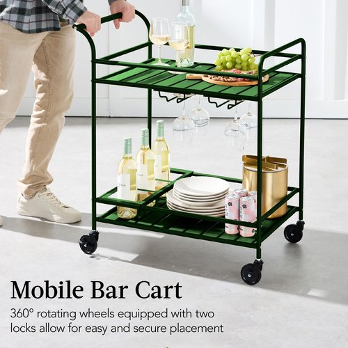Best Choice Products Rolling Bar Cart, Mobile Home Bar Serving Cart, Serving Station w/ 2 Tier Shelves, Wine Rack, Lockable Wheels - Deep Green