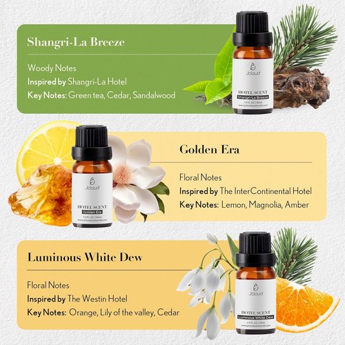 JCLOUD Essential Oil Diffuser Set - 6 Luxury Hotel-Inspired Aromatherapy Oils | 10mL Each for Home Use