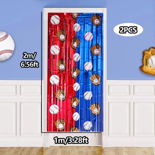 FESTFINDS 2 Pack Baseball Tinsel Foil Fringe Curtains Backdrop Party Decorations, Blue and White Red Door Streamers Banner Sports Themed Birthday Party Decor Supplies for Boys Favor