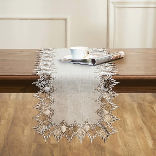 Raedan Natural Linen Table Runner 48 inches Neutral Earth Tones Beige Lace Coffee Table Runners Dresser Scarf for Spring Easter Summer Kitchen Wedding Party, Machine Washable (Natural, 16”x48”)