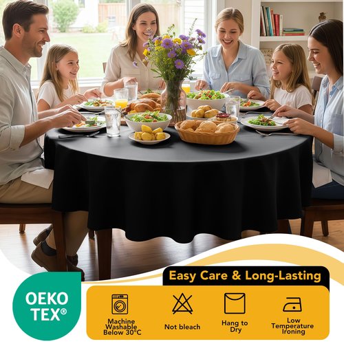 Dailyset 6-Pack Black Round Tablecloths, 120 Inches, Stain-Resistant Polyester for 5-6 Ft Round Tables - Washable Table Covers for Weddings, Banquets, Birthday Parties, Events