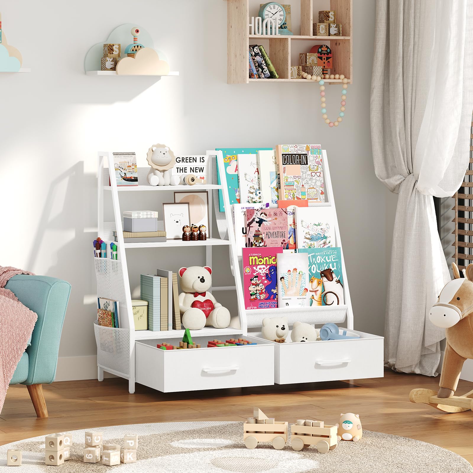 MAHANCRIS Kids Bookshelf and Toy Storage,3-Tier Sling Bookcase for Kids,Sturdy Toddler Bookshelf for Nursery,Playroom, Bedroom,White KBWT8401
