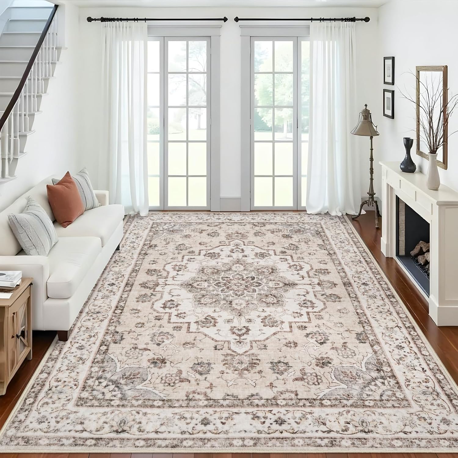 Skiennix Washable Large Area Rug - Non-Slip Stain Resistant Soft Medallion Design | 9x12 Beige/Cream