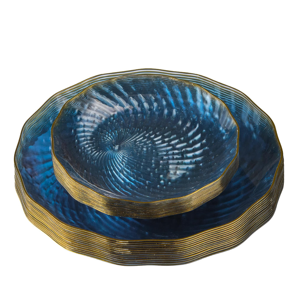 PLASTICPRO 120 Pack Plastic Plates Set of 60-10 inch Plates and 60-7 inch Plates, Elegant Clear Blue Spiral and Gold Rim Disposable Fancy Plates Premium Heavyweight