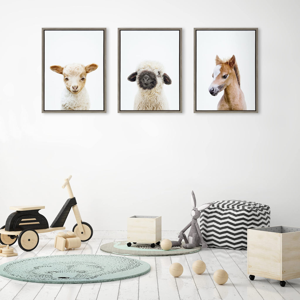Kate and Laurel Sylvie Animal Studio Baby Horse Framed Canvas Wall Art by Amy Peterson Art Studio; 18x24 Gray; Modern Pony Portrait Art for Wall