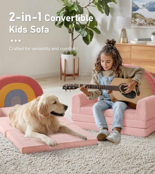little dove Extra Wide Soft Toddler Couch Fold Out, 2-in-1 Kids Couch, Convertible Kids Sofa to Lounger, Comfy Toddler Chair, Kid Furniture for Playroom, Ideal Gifts for Boys & Girls, Pink