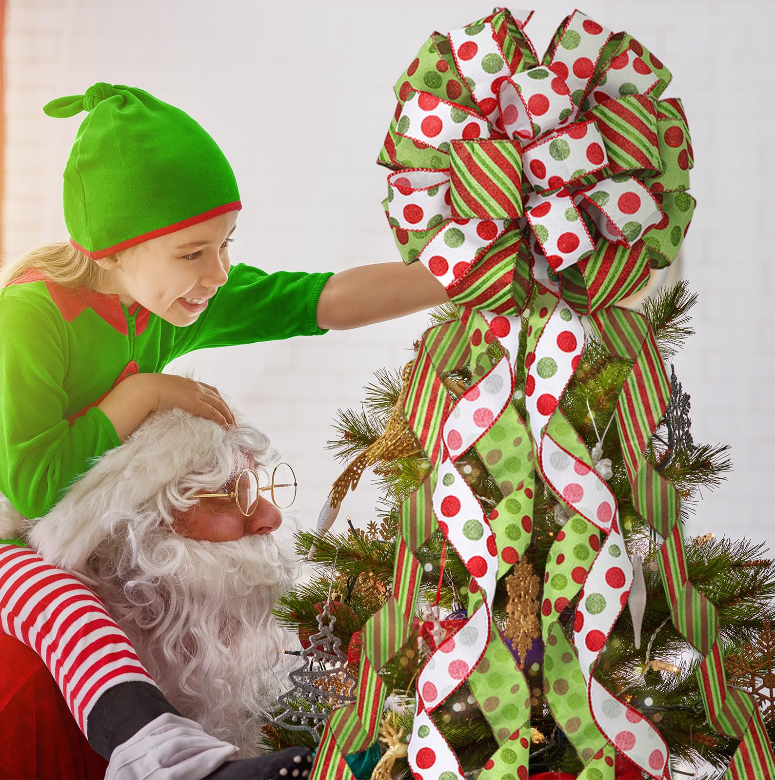 Tigeen Large Christmas Tree Bow Topper 52 x 12 Inch Red Green White Polka Dot Tree Topper Xmas Wreath Bow with Glitter Streamers for Christmas Party Indoor Outdoor Decoration Favor Supplies
