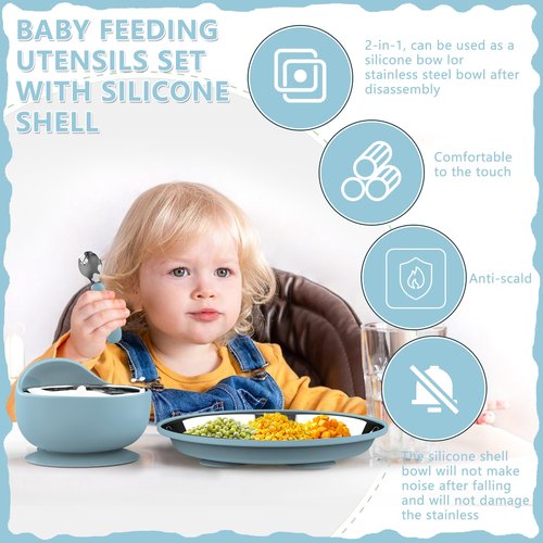 13 Pack Silicone Baby Feeding Set, BPA-Free Stainless Steel Toddler Feeding Supplies, Include Suction Plates, Baby Bowls, Silicone Fork & Spoon, and More, First Stage Baby Dish Set - 6+ Months