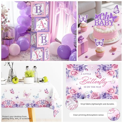 Butterfly Baby Shower Decorations Balloons Plates and Cups and Napkins Sets Purple Pink Sweet Baby Girl Baby Shower Themes A Little Butterfly is on Her Way Decorations for Girl