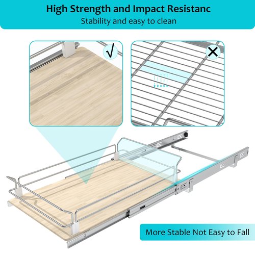 Pull Out Cabinet Organizer 11" W X 22" D, Slide Out Drawers For Kitchen Organizers and Storage, Pull Out Drawers For Cabinets Capacity Heavy Duty Caddy, Cabinet Shelves Wood Chrome, Pantry Storage