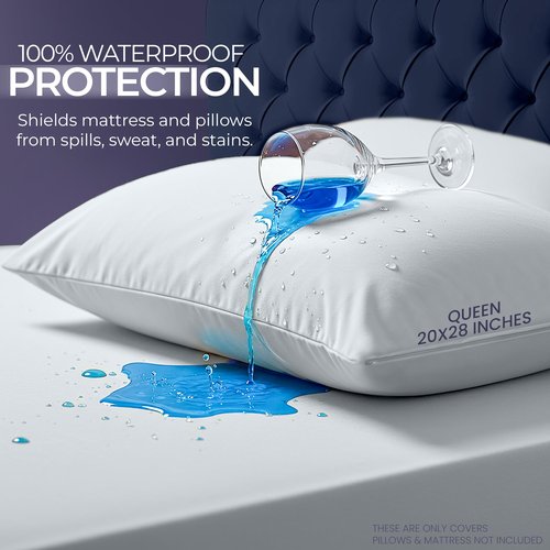 Waterproof Mattress Protector and Pillow Cases, Queen Size, Includes +2 Zippered Pillow Protectors and 1 Mattress Cover Set, Fitted Sheet Style Deep Pockets with All Around Elastic