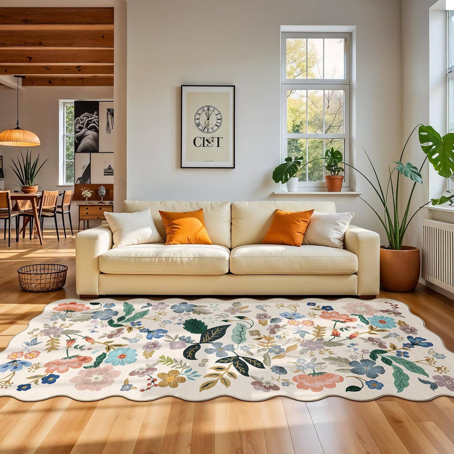 Skiennix Washable 4x8 Wide Runner Rug - Non-Slip Scalloped Floral Design | Soft, Stain-Resistant Carpet for Hallway, Kitchen, and Bathroom (Cream)